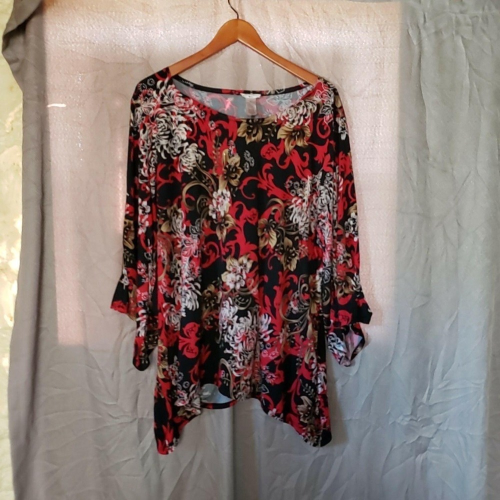 Brittany Black Woman Blouse Womens 3X Scoop Neck 3/4 Sleeve Floral Tunic Top